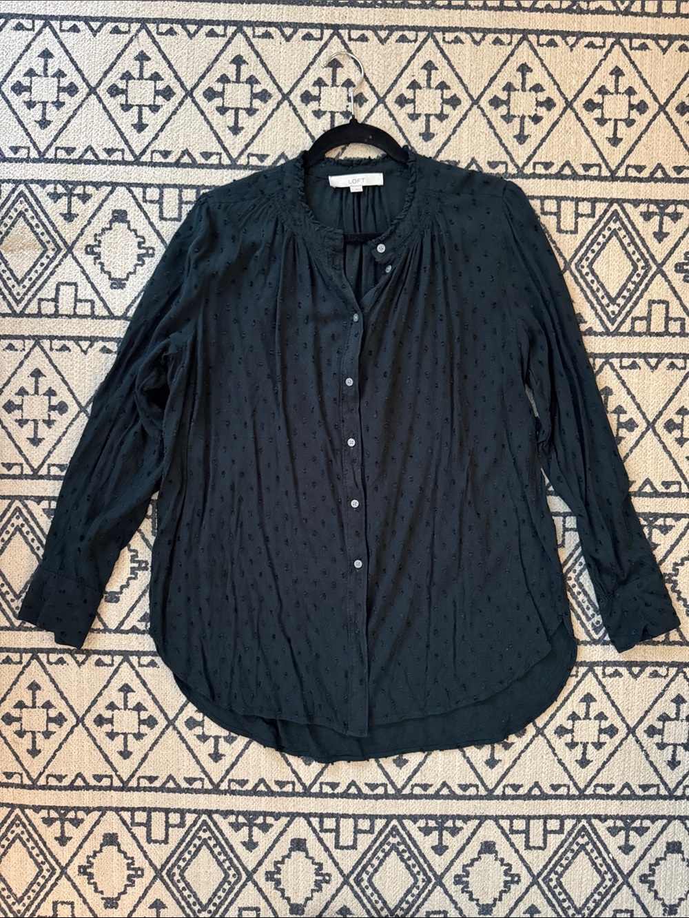 LOFT Black Swiss Dot Button-Front Blouse